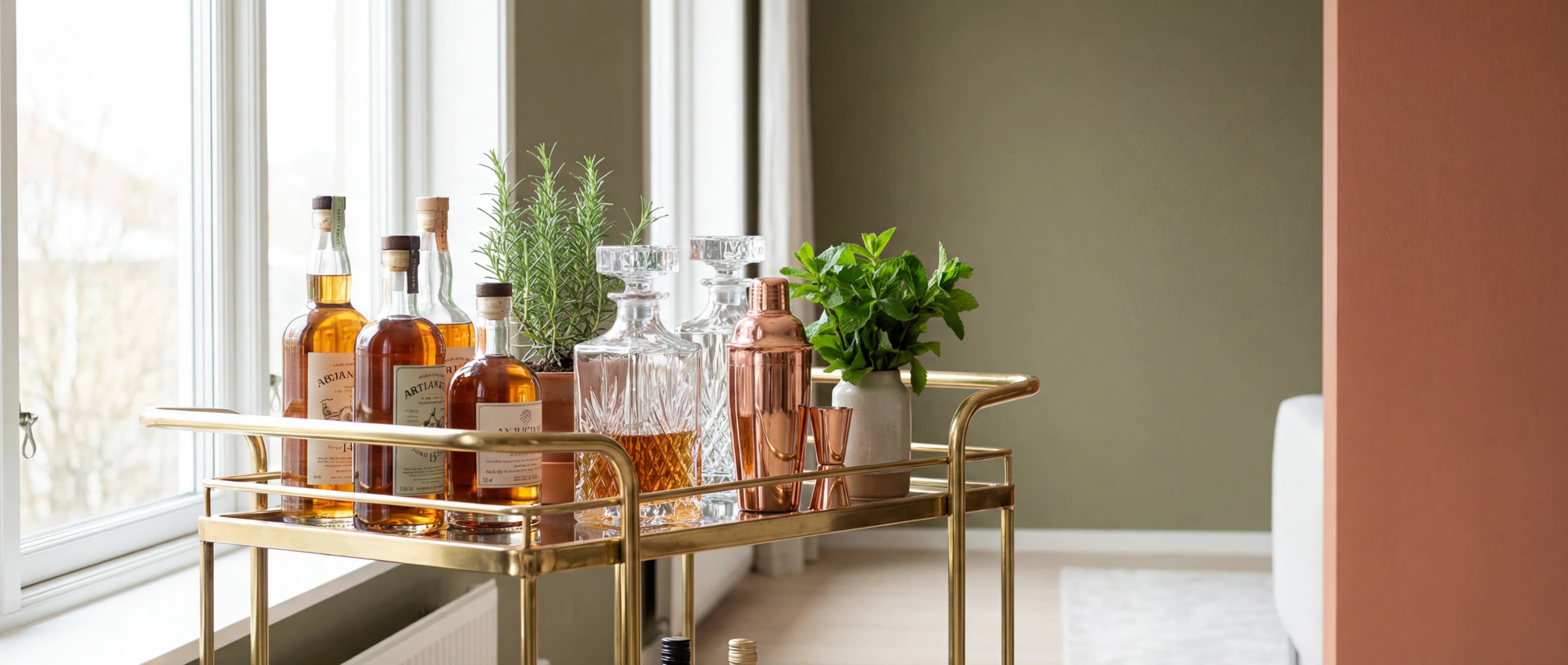 Stylish bar cart with liquor and cocktail essentials